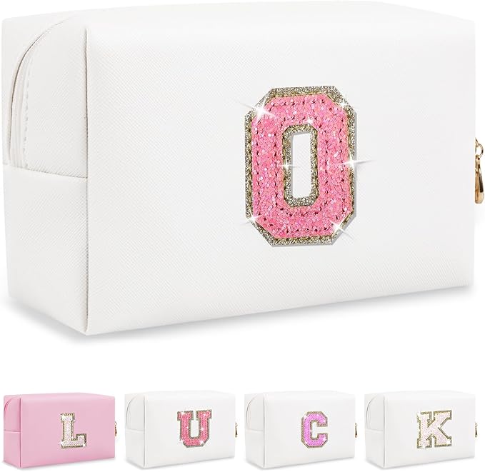 Personalized Initial Letter Makeup Bag, Small Glitter Letter Patch Cosmetic Pouch Zipper, Preppy Makeup Organizer PU Waterproof Travel Toiletry Bag, Monogrammed Birthday Gift for Women Girls