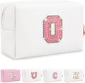 Personalized Initial Letter Makeup Bag, Small Glitter Letter Patch Cosmetic Pouch Zipper, Preppy Makeup Organizer PU Waterproof Travel Toiletry Bag, Monogrammed Birthday Gift for Women Girls