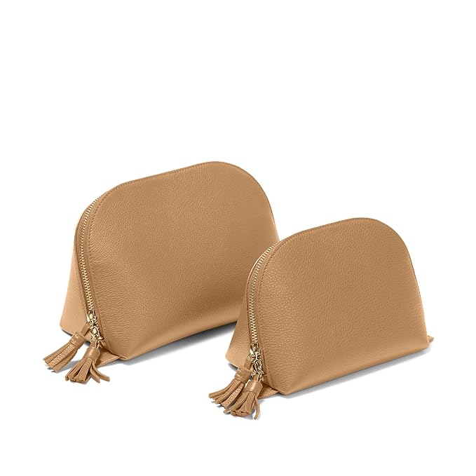 Leatherology Camel Leather Makeup Bag Set – Clamshell Cosmetic Organizer Duo – Full Grain Leather with Waterproof Lining & Tassel Zippers – Travel Toiletry Bags for Skincare & Beauty