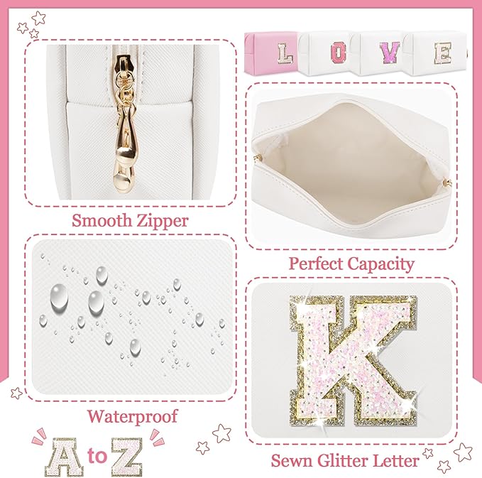 Initial Letter Patch Makeup Bag, Small Preppy A-Z Glitter Letter Cosmetic Bag, PU Leather Waterproof Travel Toiletry Bag, Cute Make Up Pouch Personalized Monogrammed Gift for Women Teen Girls