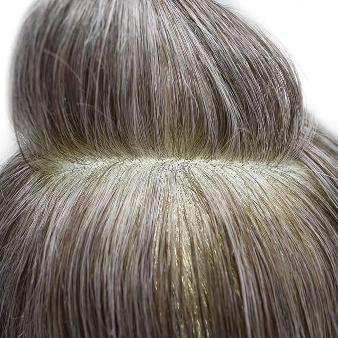 Mens Toupee Human Hair Piece French Lace Toupee for Man Hair System Indian Human Hair Replacement Systems V-Looped PU Front Hairpieces 7"X9" #365 Dark Brown with 65% Gray