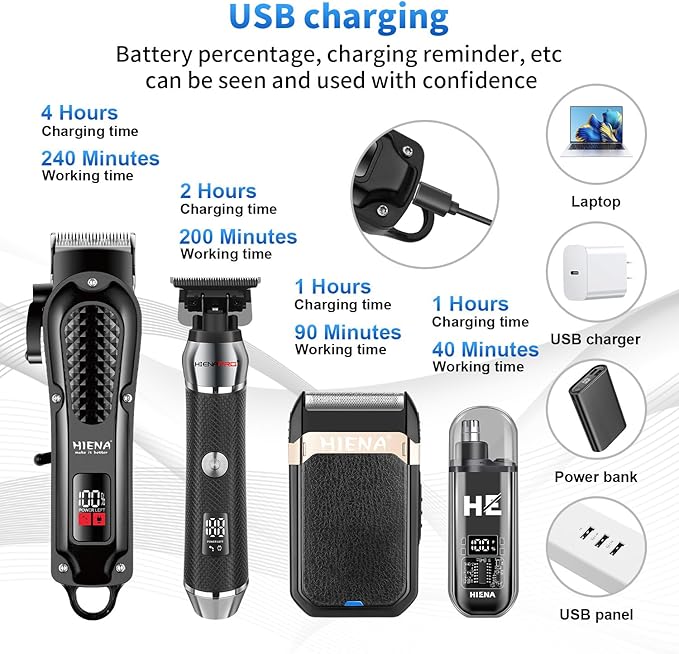 HIENA PRO Professional Cordless Hair Clippers for Men, T-Blade Beard Trimmer & Foil Shaver & Nose Hair Trimmer Set, Rechargeable Electric Barber Hair Cutting Grooming Kit