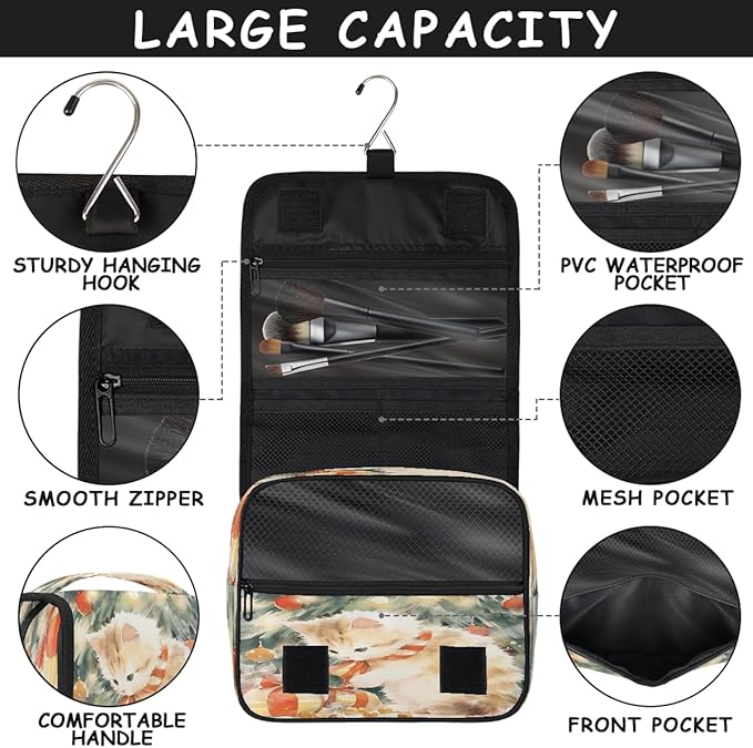 Travel Toiletry Bag for Women & Men Cute Animal Cat Art Hanging Cosmetic Organizer Portable Waterproof Makeup Case Make Up Bag with Compartments Travel Essentials for Bathroom Shower