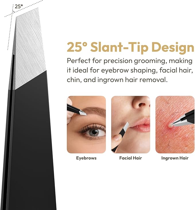 Professional Ultra-Precision Slant Tweezers for Women Facial Hair - German Stainless Steel, Tweezers for Men & Women, Black Eyebrow Tweezer for Ingrown Hair - Black