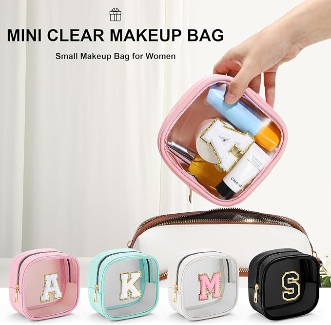 YOOLIFE Mini Initial Makeup Bag | Travel Toiletry Bag | Clear Makeup Bag | Travel Essentials Gifts for Women Teen Girlfriend Teacher Birthday Gifts Clear Toiletry Bag Small Mini Cosmetic Bag Pink S