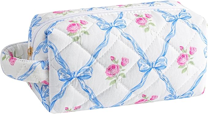 JOVAKIT Travel Makeup Bag Cosmetic Bag for Women, Christmas Gifts, Small Floral Flowers Coquette Toiletry Bag with Handle, Zipper Make Up Pouch Organizer Bag Trendy Stuff (Blue Bowknot)
