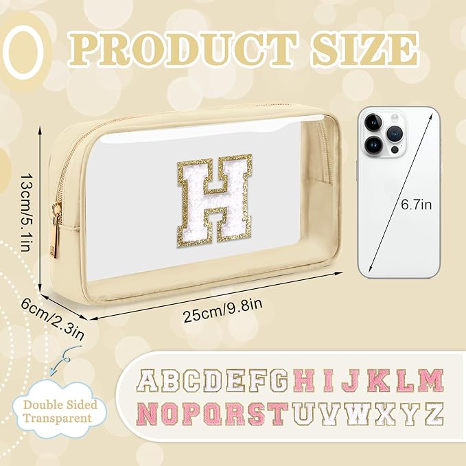Small Clear Personalized Initial Makeup Bag,Nylon Preppy A-Z Chenille Letter Patch Cosmetic Pouch Beach Toiletry Bag,Waterproof Zipper Travel Purse Storage Bag Organizer for Women Girls(Beige-White H)
