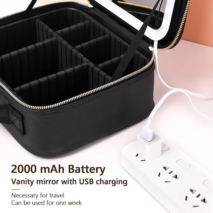 Travel Makeup Bag with LED Lighted Make up Case with Mirror 3 Color Setting Cosmetic Makeup Box Organizer Vanity Case for Women Beauty Tools Accessories Case Rechargeable