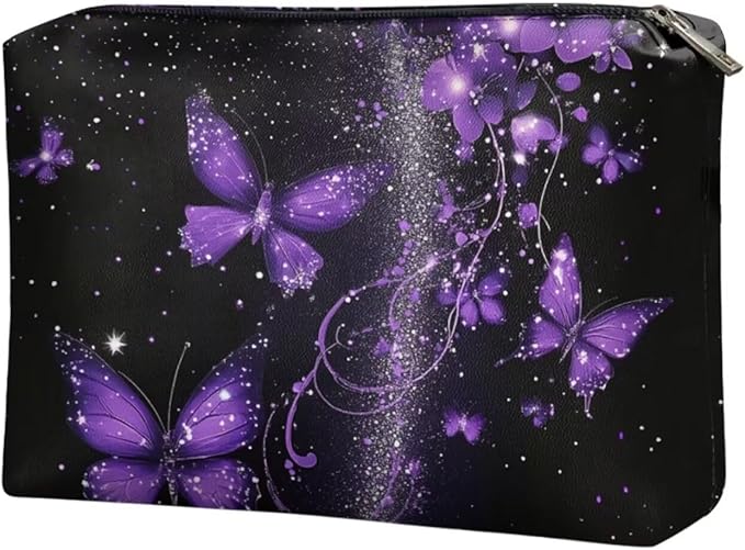 COEQINE Gothic Leather Cosmetic Bags for Women Trendy Purple Butterfly Cute Makeup Organizer Bag With Zipper Portable Toiletry Storage Pouch for Travel Work Casual Cosmetic Bag Style