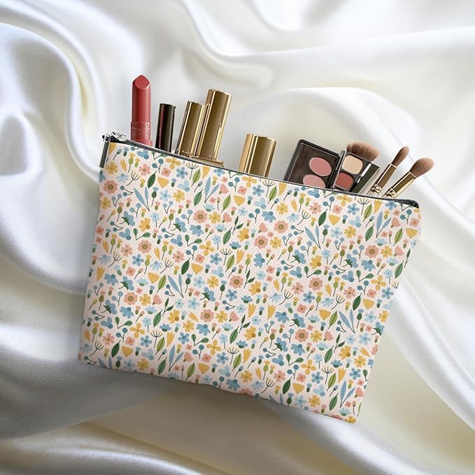 4 Packs Cute Flowers Makeup Bag Floral Wildflower Cosmetic Bag Friend Friendship Gifts for Women Girls Sister Coworker Botanical Travel Organizer Zipper Pouch Christmas Thanksgiving Birthday Gifts