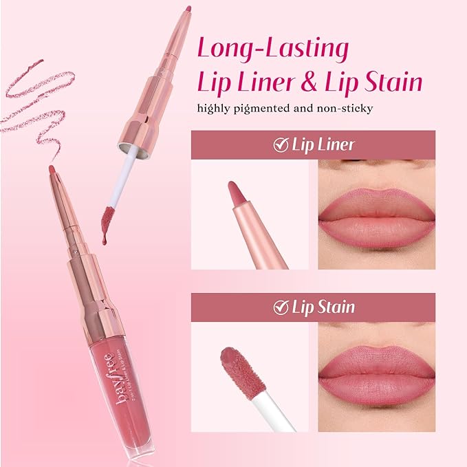 bayfree 2-IN-1 Lip Liner and Lip Stain, High Pigmented Long Lasting Velvet Lip Tint, Well-Defined Lipliner, Weightless Waterproof Not Animal Tested, Matte Finish Makeup