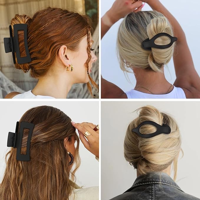 Hair Clips for Women 4.3 Inch Large Hair Claw Clips 8 pcs Square Claw Clips & Flat Hair Clips for Thick or Thin Hair French Concord Hair Barrettes Alligator Hair Accessories for Women (Black)