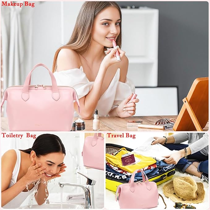 Travel Makeup Bag, Large Wide-open Cosmetic Bag Make Up Organizer Case for Women, Waterproof PU Leather Toiletry Bag Skincare Pouch for Toiletries Accessories Brushes