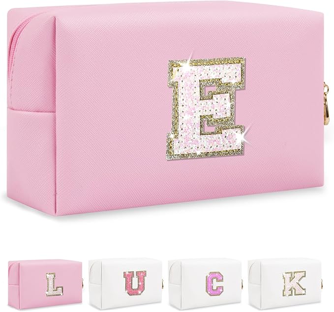 Personalized Initial Letter Makeup Bag, Preppy Glitter Letter Patch Cosmetic Pouch Zipper,PU Waterproof Travel Toiletry Bag Cute Makeup Organizer Monogrammed Make Up Bag,Gift for Women Girls(Letter E)