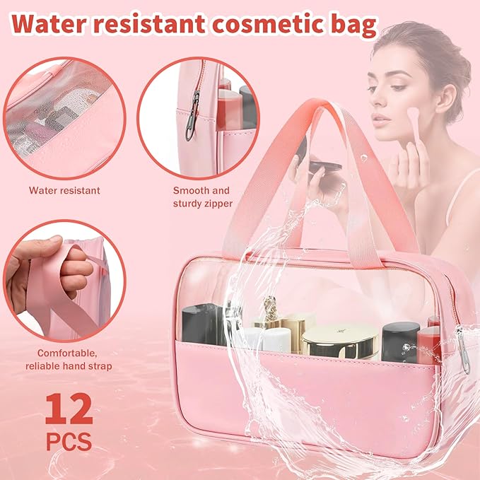 12 Pcs Translucent Make up Bag 10.2 x 6.3 x 2.8 Inches Waterproof Toiletry Organizer with Hanging Handles Portable Cosmetic Travel Bag Carry Pouch for Women and Men Travel Storage (Pink)
