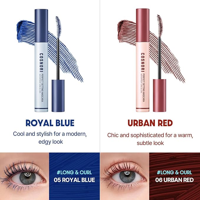 COSNORI Perfect Setting Waterproof Mascara Long&Curl 06 Urban Red – Long-Lasting Smudge - Burgundy Maroon Mascara - Korea Waterproof, Long lash, Strong fixing, Silk Amino Acids - 0.23fl oz (7ml)