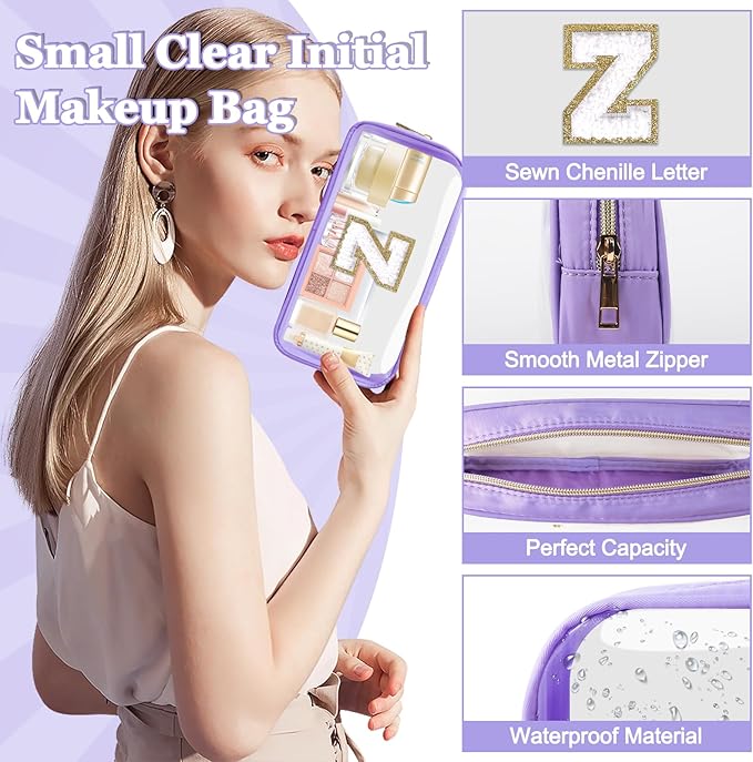 Small Clear Personalized Initial Makeup Bag, Preppy A-Z Chenille Letter Patch Cosmetic Bag, Cute Transparent Nylon Waterproof Zipper Beach Varsity Letter Pouch, Gift for Women Girls(Purple-White Z)