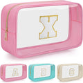 Personalized Initial Clear Makeup Bag, Travel Chenille Patch Cosmetic Bag, Preppy Toiletry Bag Monogram Cosmetic Pouch with Zipper, Ideal Gift for Teen Girls Women (Clear-Pink, X)