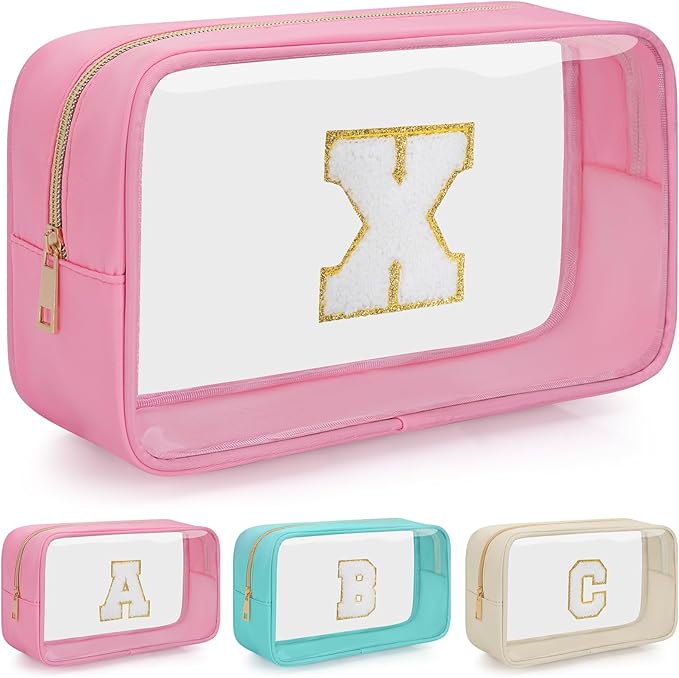 Personalized Initial Clear Makeup Bag, Travel Chenille Patch Cosmetic Bag, Preppy Toiletry Bag Monogram Cosmetic Pouch with Zipper, Ideal Gift for Teen Girls Women (Clear-Pink, X)