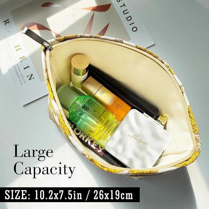 STARDW Cute Makeup Bag Aesthetic Cosmetic Bags for Women Girls, Travel Toiletry Bag Large Capacity Zipper Makeup Pouch, Purse Organizer Pouches,Canvas Lining (Yellow Mushroom)