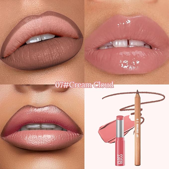 Erinde 2pcs Lip Liner and Lipstick Combo Set, Matte Lipliner Pencil & Hydrating Lip Gloss Makeup Kits for Women, Waterproof, Long Lasting, Highly Pigmented, Nude Brown Natural Lipstick, 07