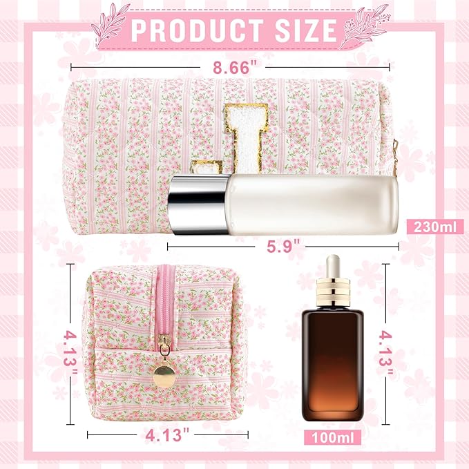 Personalized Quilted Cosmetic Bag, Puffy Monogrammed Christmas Birthday Gifts for Women & Girls, Cute initial Floral Makeup Bag Puffer Coquette Bag, Aesthetic Travel Toiletry Zipper Pouch(Pink,J)