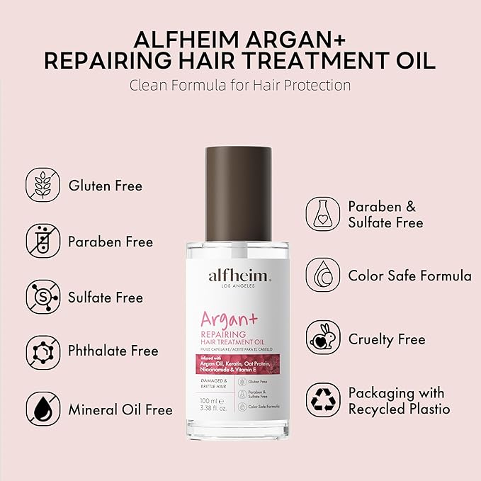 ALFHEIM Argan+ Repairing Hair Oil Serum for Dry, Damaged & Frizzy Hair with Argan Oil, Keratin, Panthenol & Vitamin E – Deep Nourishment, Smoothness & Shine – Non-Greasy, Sulfate Free – 3.38 oz