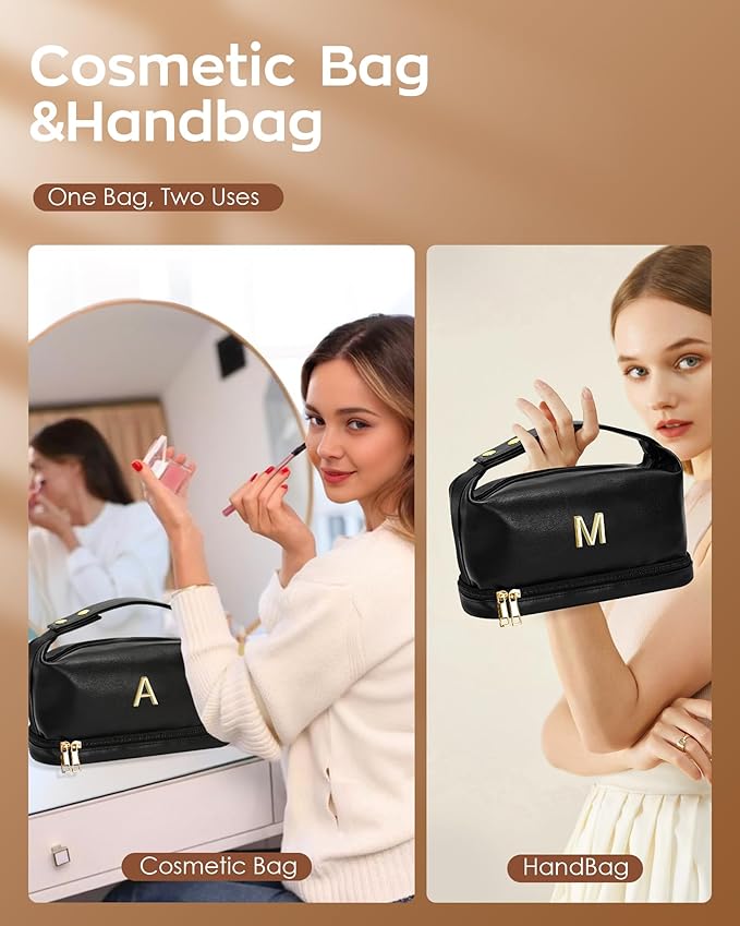 Gifts for Friends, Personalized Makeup Bags with Handle, Waterproof Double Layer Cosmetic Bag, Large Capacity PU Leather Makeup Bags Travel Toiletry Bag with Makeup Brush Organizer