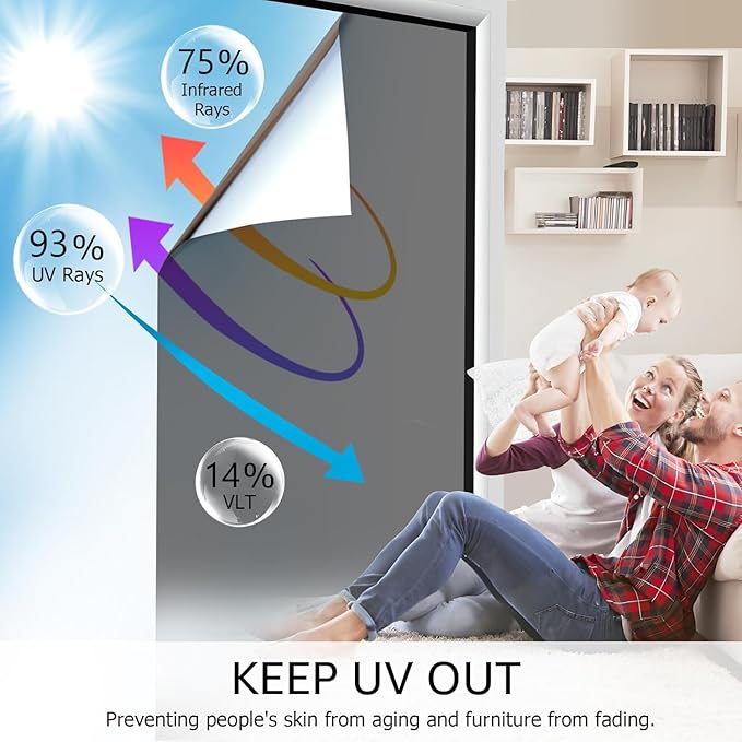 HIDBEA One Way Window Film, Daytime Privacy Sun Blocking Reflective Window Film No Glue Static Cling Heat Control Window Tinting Film for Home and Office, Black Silver, 35.4 x 196.8 Inch
