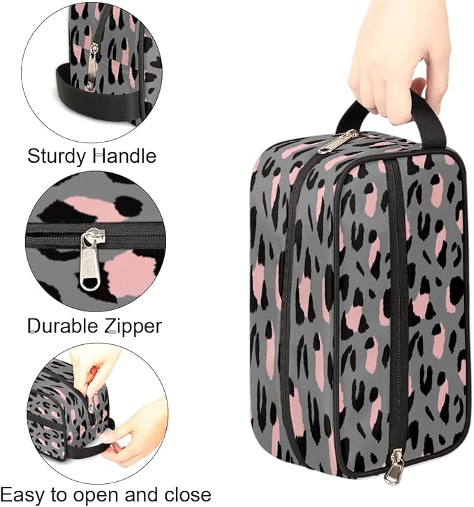Grey Leopard Cheetah Print Travel Toiletry Bag for Women Men Lightweight Cosmetic Makeup Bag Organizer Waterproof Shaving Bag Dopp Kit with Large Capacity for Toiletries and Shaving Accessories