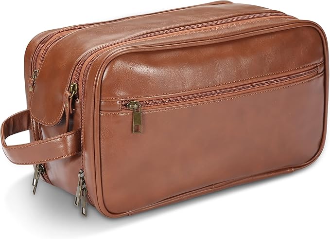 Personalized Leather Travel Toiletry Bag for Men, Large Travel Bathroom Shaving Dopp Kit, Large Cosmetic Bag Waterproof
