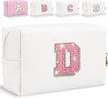 Glitter Initial Letter Makeup Bag, Small Personalized Sequins Letters PU Leather Cosmetic Bag Portable Waterproof Makeup Zipper Pouch, Shine Handbag Organizer Travel Bag Gifts for Women&Girls(White-D)