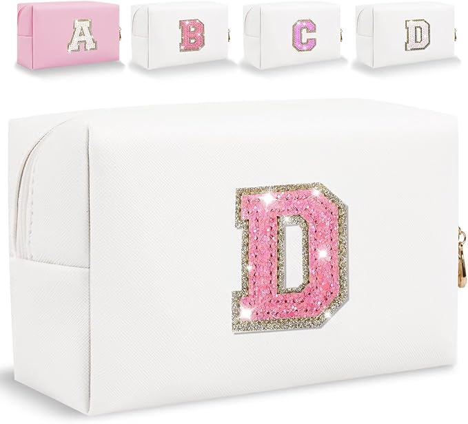 Glitter Initial Letter Makeup Bag, Small Personalized Sequins Letters PU Leather Cosmetic Bag Portable Waterproof Makeup Zipper Pouch, Shine Handbag Organizer Travel Bag Gifts for Women&Girls(White-D)