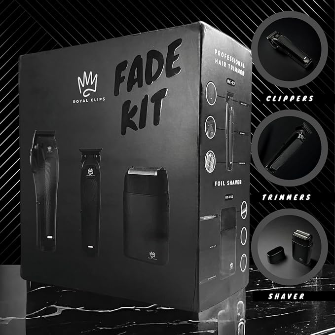 Royal Clips Hair and Beard Fade Kit 2.0 – Professional Clipper, Trimmer & Foil Shaver Bundle for Men, Complete Haircut Set for Barbers – Ideal Holiday Gift for Men, Fathers, Brothers & Barbers - Black