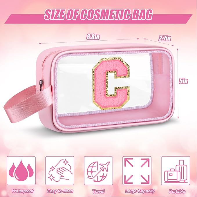 Initial Makeup Bag,Letter C Cute Clear Monogrammed Cosmetic Travel Bag for Womens Girls,Personalized Pink Aesthetic Traveling Make Up Organizer Bag for Beach,Waterproof Toiletry Bag