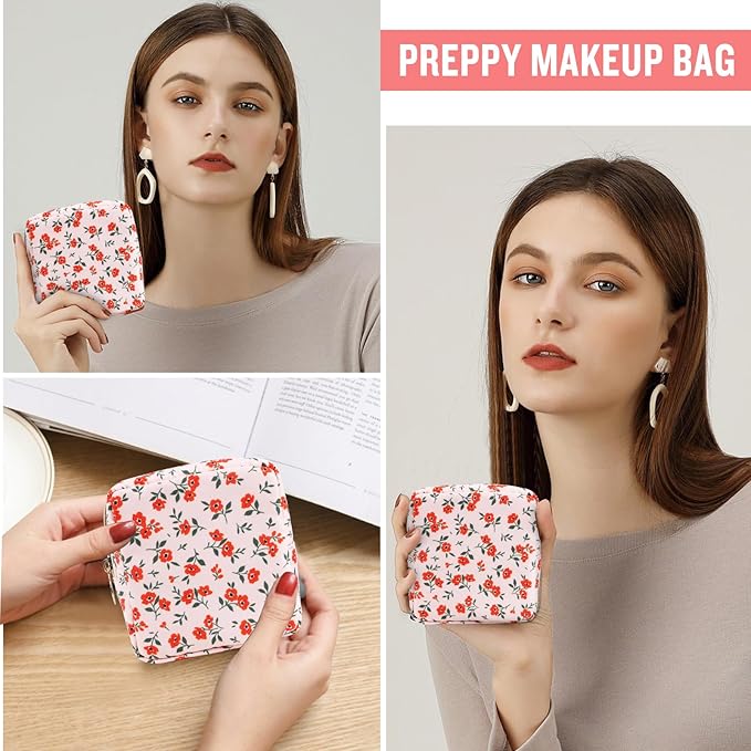 Nylon Mini Floral Makeup Bag for Purse, Small Cute Pink Makeup Bag Preppy Flower Cosmetic Zipper Pouch, Waterproof Travel Coin Pouch Sanitary Napkin Storage Bag Makeup Organizer for Women(Pink-Floral)
