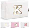 Personalized Small Travel Preppy Makeup Bag,Chenille Letter White Initial Cosmetic Pouch Travel Toiletry Organizer, Waterproof PU Leather Makeup Storage Birthday Gift for Women Best Friends(Letter K)