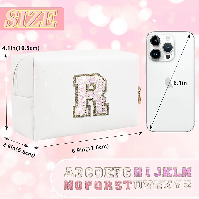 Personalized Initial Letter Makeup Bag, Small Glitter Letter Patch Cosmetic Pouch Zipper, Preppy Makeup Organizer PU Waterproof Travel Toiletry Bag,Monogrammed Birthday Gift for Women Girls(Letter R)