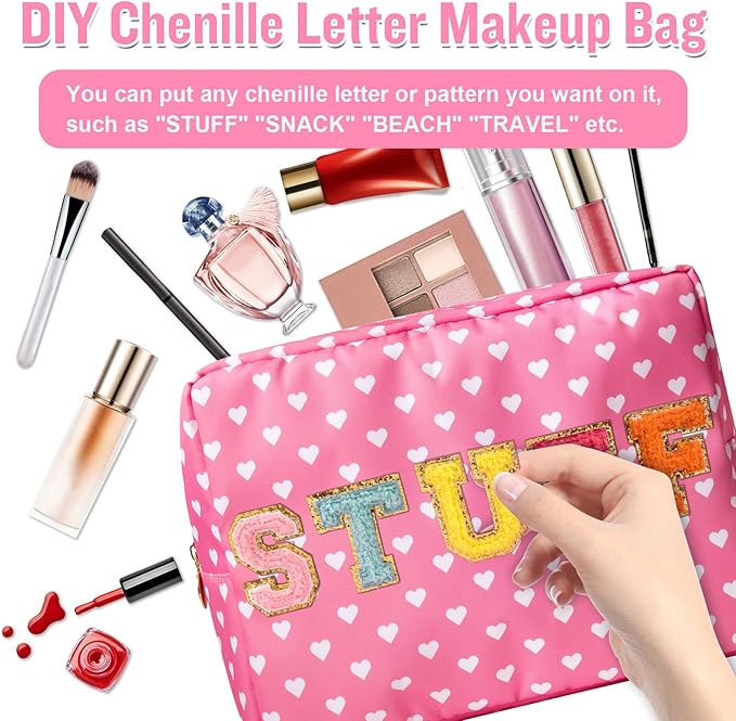 Nylon Large Makeup Bag Travel Cosmetic Bag Pouch, Big Preppy Makeup Bag Cute Cosmetic Zipper Pouch Purse, Waterproof Toiletry Bag Clutch Makeup Organizer Travel Essentials for Women Girls(Pink Heart)