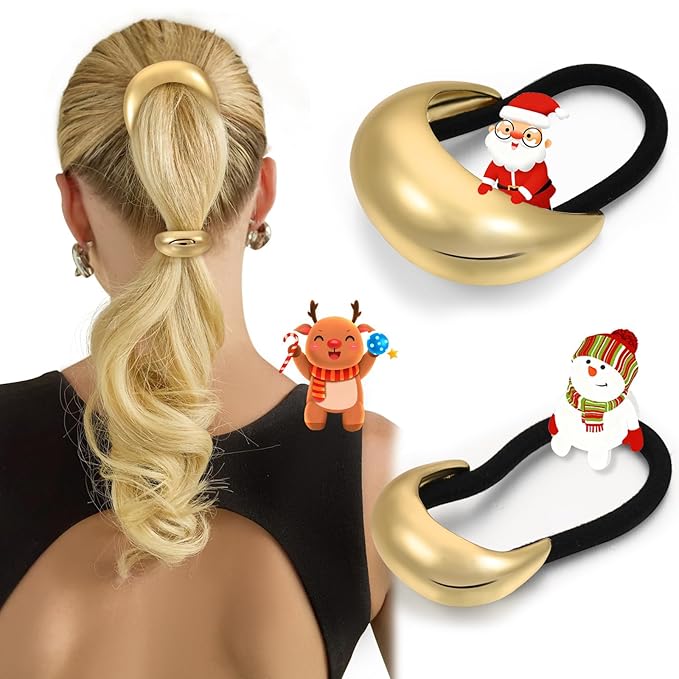 2PCS Gold Hair Ties for Women - Metal Hair Accessories for Thick Hair, Elegant and Durable Geometric Design, Ponytail Cuffs Stretchy Non-Damage Holiday Christmas Gifts