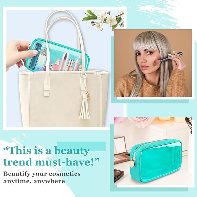 Small Clear Travel Makeup Organizer Bag for Purse, Cute Makeup Bag Preppy Cosmetic Zipper Pouch Purse, Transparent PVC & Nylon Waterproof Makeup Brush Bag Toiletry Storage Clutch for Women Girl(Mint)