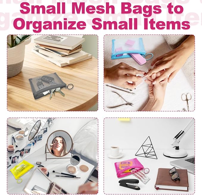 Mini Mesh Pouches(4 Pack), Small Mesh Bags with Zipper Nylon Makeup Pouches Bag Cosmetic Pouch Travel Purse Organizer Insert Diaper Inside Bag Organizers Home Organizing Size See Through Cute Colors