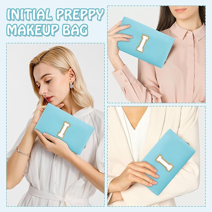 Personalized Small Initial Preppy Makeup Bag, Cute Blue Chenille Letter Cosmetic Organizer Toiletry Travel Pouch, Waterproof Portable PU Monogram Make Up Bag Case Gift for Women Friends Her(Letter I)
