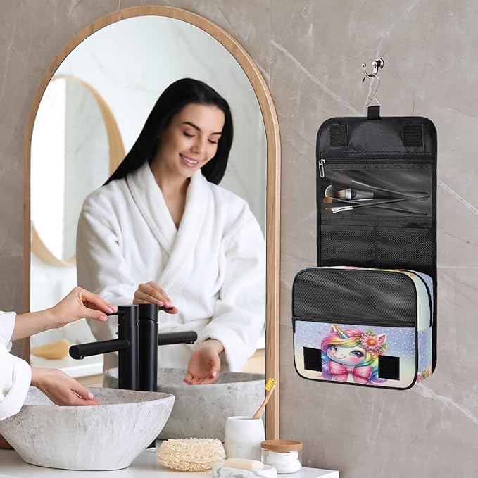 Travel Toiletry Bag for Women & Men Unicorn Flower Animal Colorful Hanging Cosmetic Organizer Portable Waterproof Makeup Case Make Up Bag with Compartments Travel Essentials for Bathroom Shower