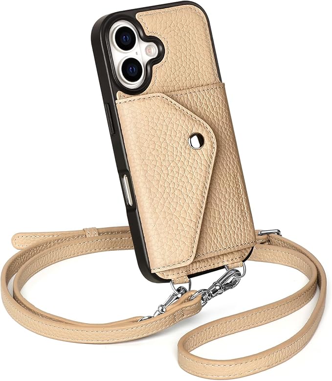 LUCKYCOIN Crossbody Wallet Phone Case for iPhone 17,100% Genuine Leather Wallet Phone Case with Expandable Flip Card Holder,Phone Purse for Women with Adjustable Removable Strap - Pebble Beige