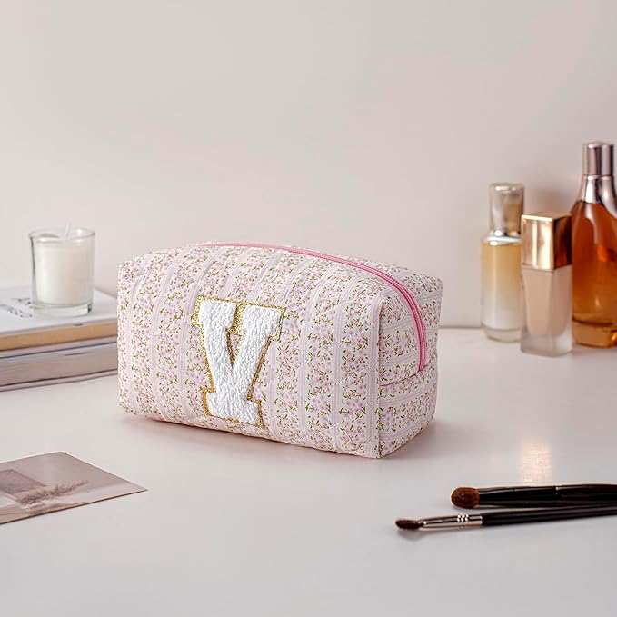 JOVAKIT Alphabet Makeup Bag Cosmetic Bag for Women, Christmas Gifts for Girls Age 6-18, Floral Flowers Coquette Travel Toiletry Zipper Make Up Pouch Organizer Trendy Stuff (Pink Floral V)