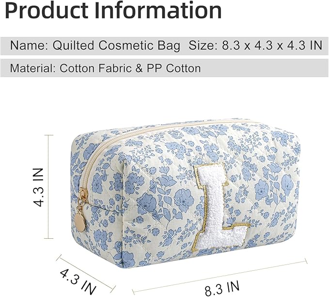 Gleyemor Personalized Initial Makeup Bag for Women, Cute Quilted Blue Floral Cotton Cosmetic Bag, Christmas Gifts for Her Mom Friend Sister Bridesmaid Teacher Women L