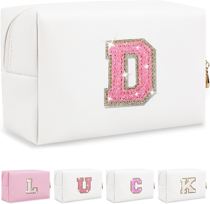 Personalized Initial Letter Makeup Bag, Preppy Glitter Letter Patch Cosmetic Pouch Zipper,PU Waterproof Travel Toiletry Bag Cute Makeup Organizer Monogrammed Make Up Bag,Gift for Women Girls