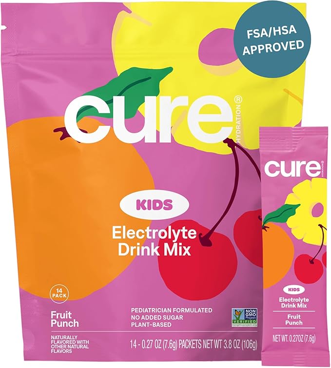 Cure Hydration - Kids Electrolyte Drink Mix | Plant-Based Pediatrician Formulated Rehydration | No Added Sugar, FSA-HSA, Non-GMO, Gluten-Free, No Artificial Flavors | 14 Packets - Fruit Punch