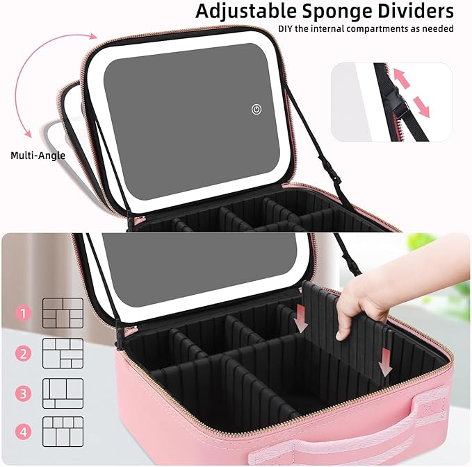 Makeup Case with Mirror and Lights, Travel Makeup Bag with Lighted Mirror, Make up Case with LED Mirror & Adjustable Dividers, Portable Cosmetic Organizer Bag Gift for Women(Pink)